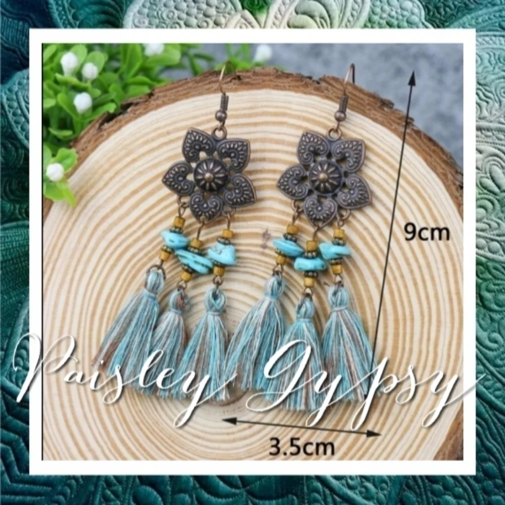 Dangling Flower Medallion Earrings with Boho Tassels